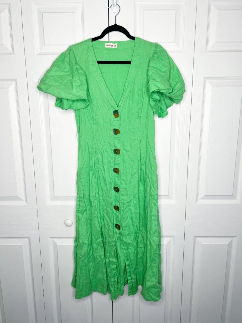 Nicholas Troy Green V-Neck Short Sleeve Linen Midi Dress Women's Size 6